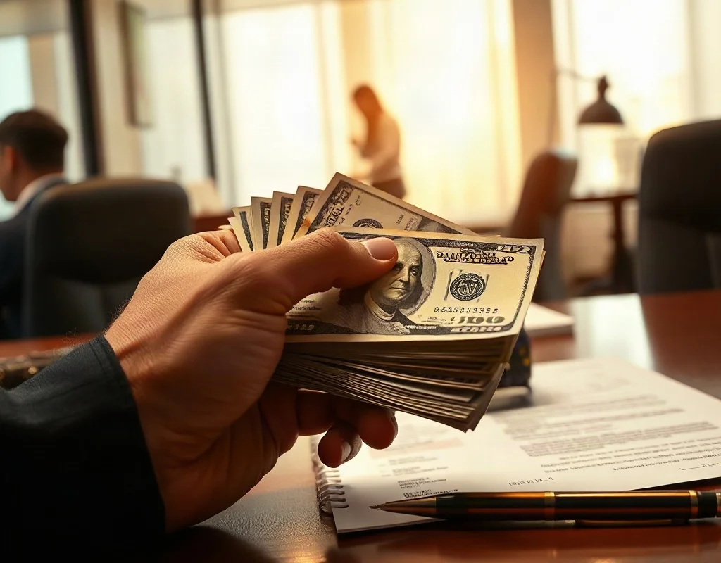 Hand with cash and paperwork symbolizing casino bonuses and wagering terms.