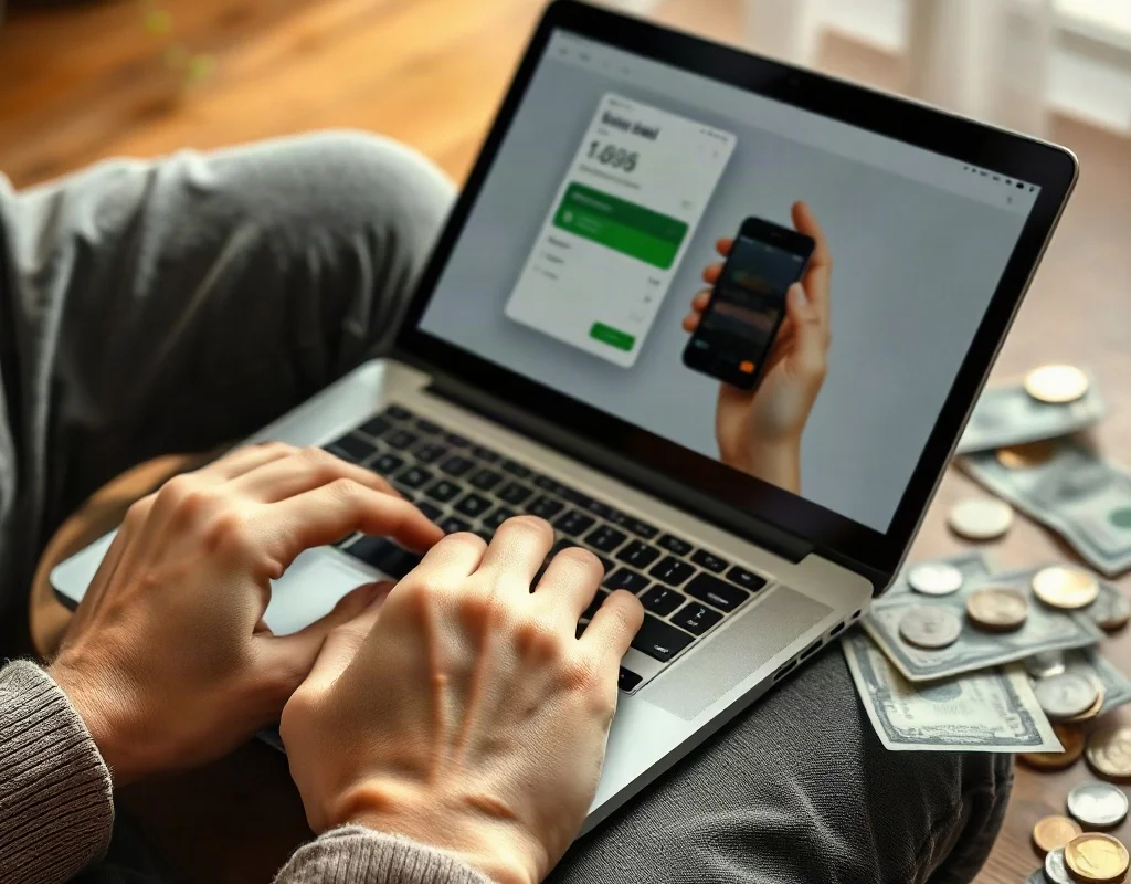 Person making a deposit on an online gambling site using a laptop and e-wallet, representing payment methods.