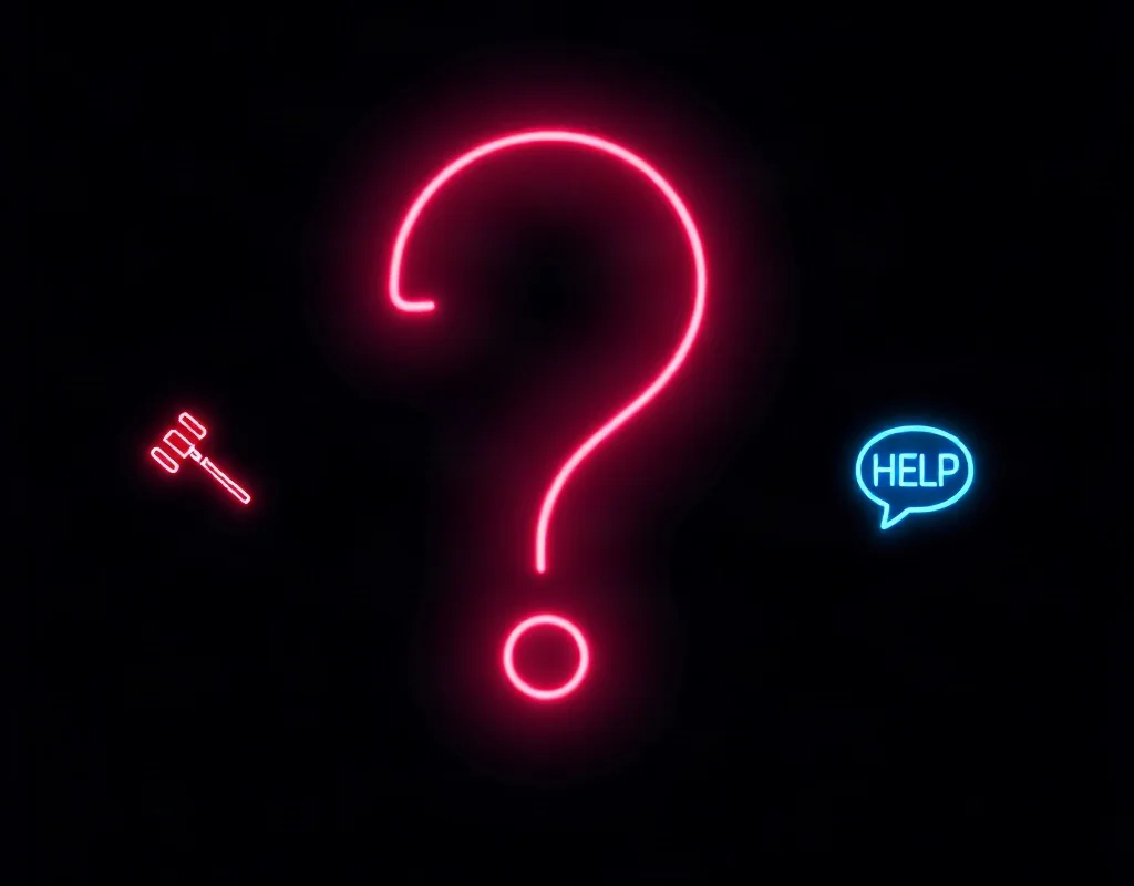 A neon question mark with icons representing legality and help for gambling questions.