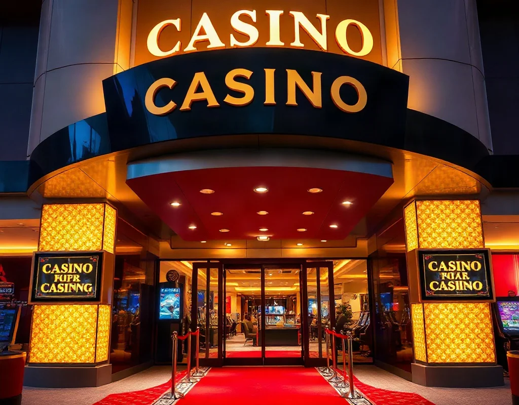 Modern casino with golden lights and welcoming entrance