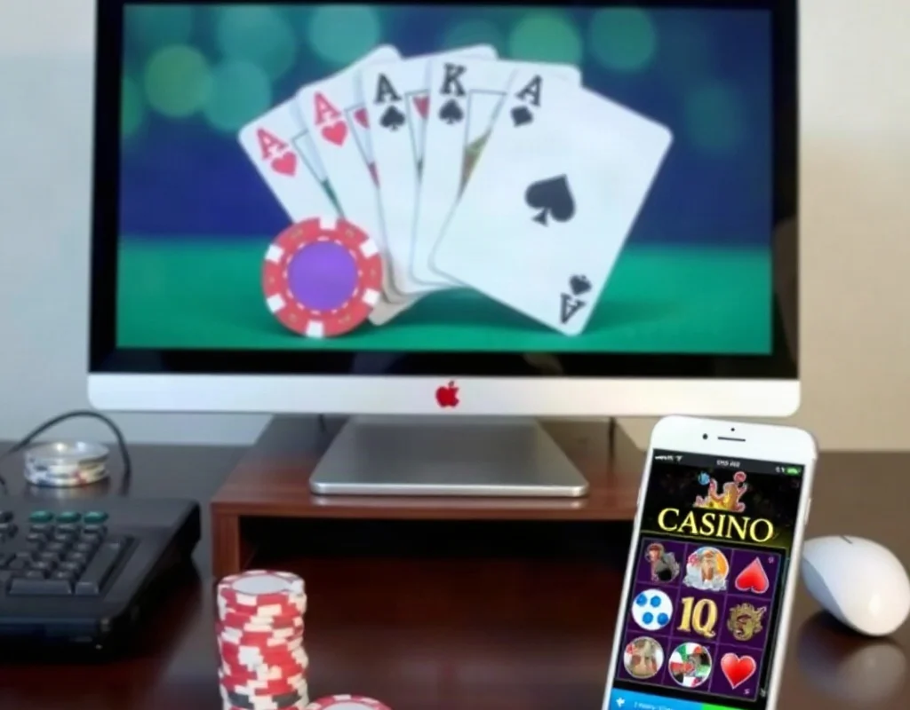 Online casino setup with cards chips and smartphone