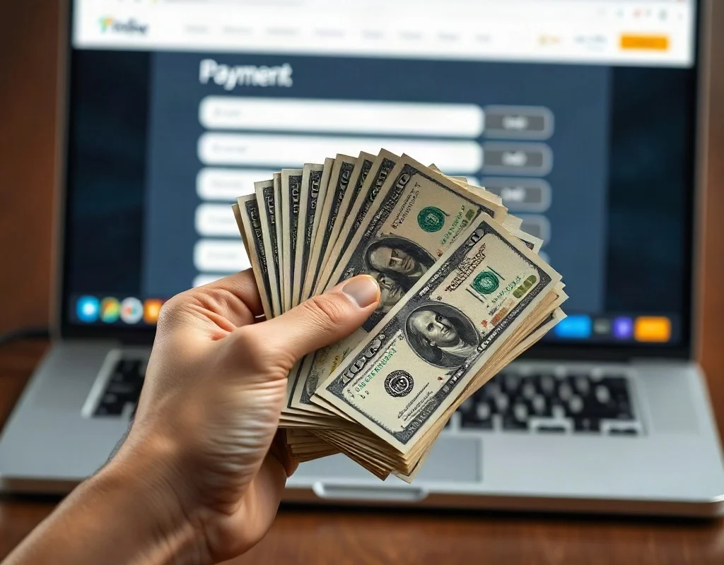 Hand holding cash in front of laptop