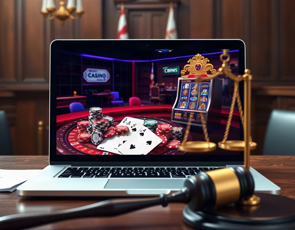 Generic online casino on a laptop with symbols of law in the background.