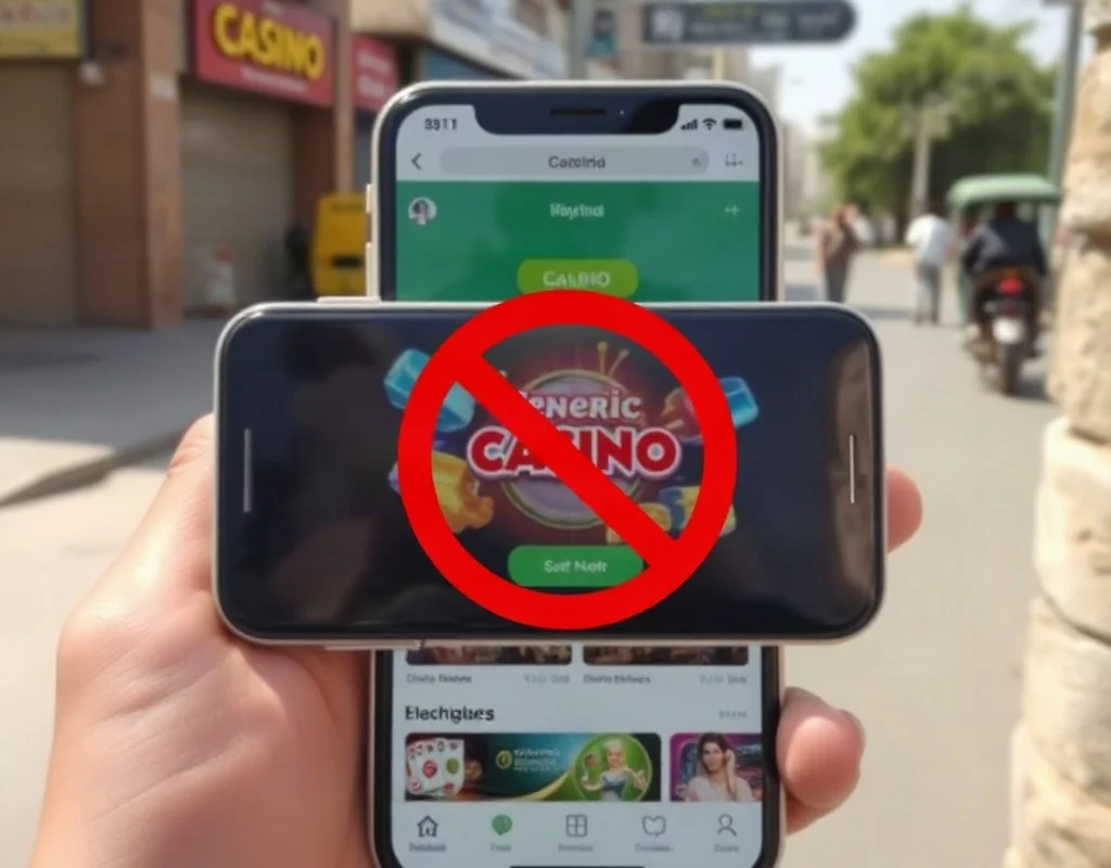A hand holding a phone with a blocked casino app symbol.