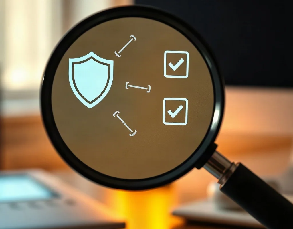 Magnifying glass over a screen with security icons.