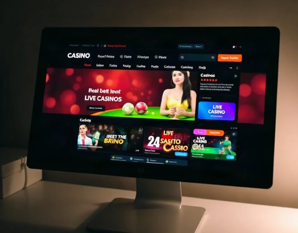 A desktop computer screen displaying a colorful online casino homepage with sports betting odds and live casino options in a dimly lit room