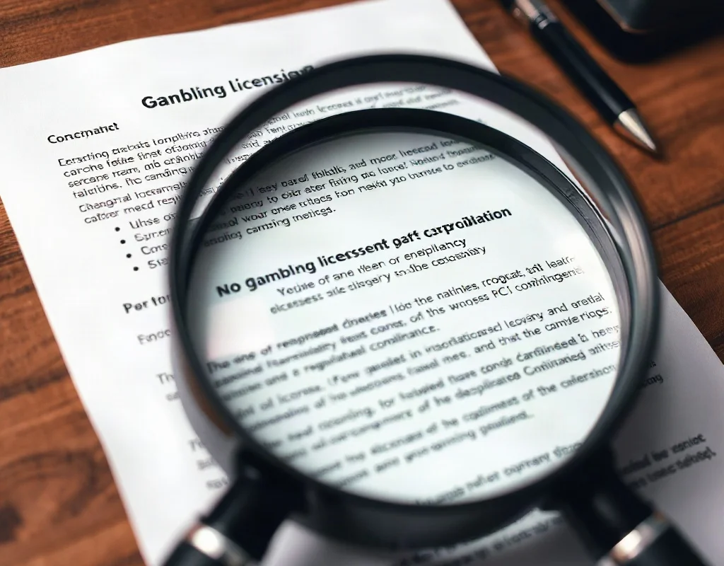 A magnifying glass inspecting a document with fine print about gambling licensing and regulatory compliance on a wooden desk