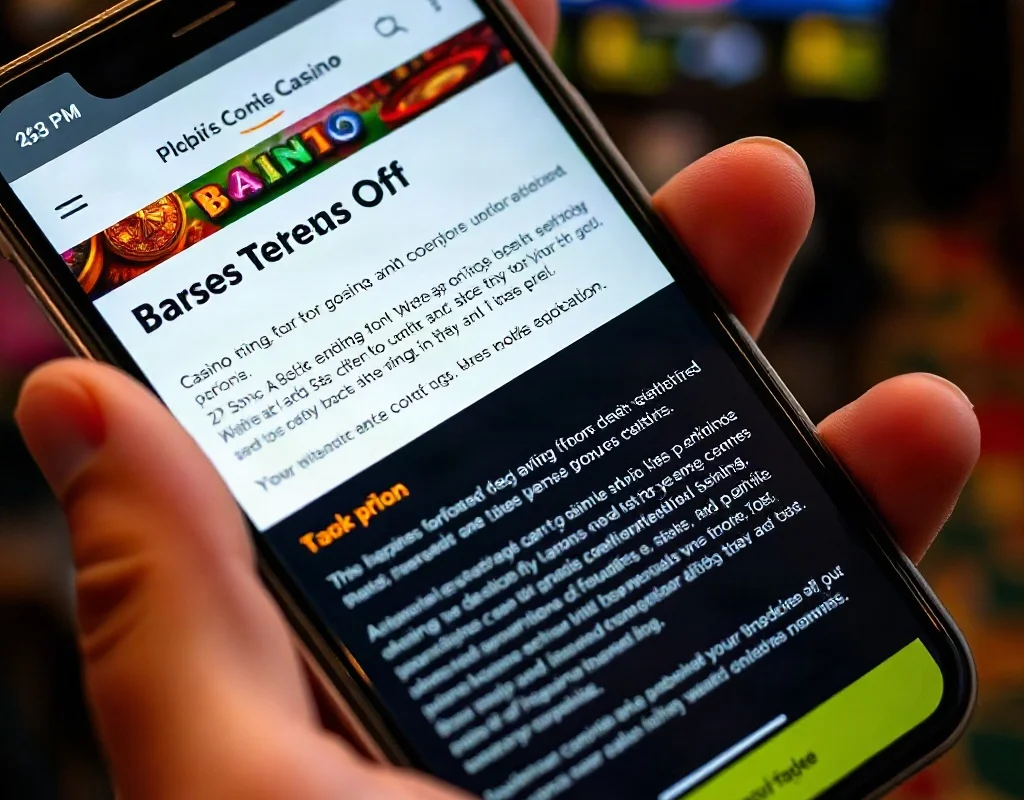 A close-up of a casino promotional offer page on a smartphone showing bonus terms and conditions with small print, held in a hand