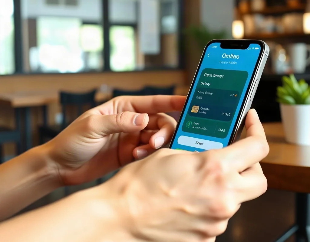 A person's hands using a smartphone to transfer money while an online wallet interface is visible on the screen in a cafe setting