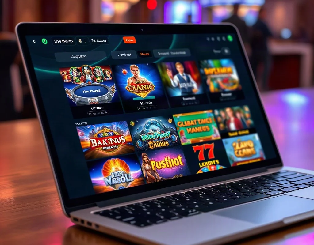 A laptop displaying a live casino lobby with multiple table games and slot thumbnails, viewed from an angled perspective