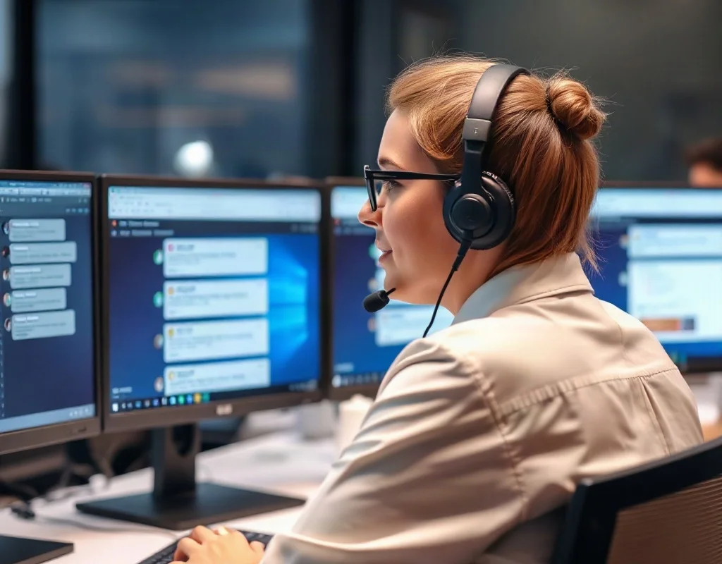 A support agent wearing a headset at a desk with multiple monitors showing live chat interface and customer queries