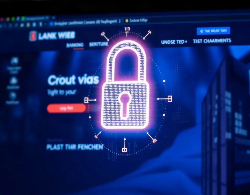 A glowing digital padlock icon superimposed on a computer screen showing a banking website login page, symbolizing cybersecurity