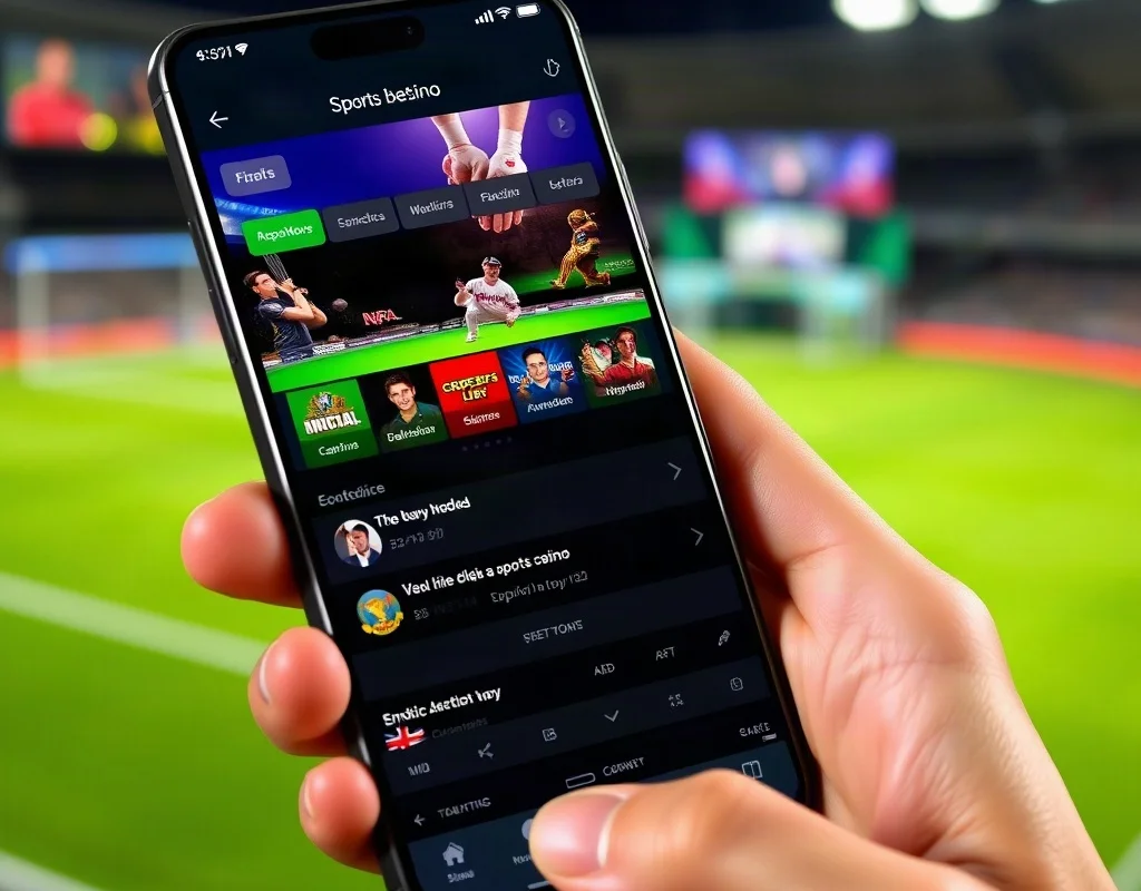 A hand holding a smartphone showing a mobile casino app with sports betting options and a cricket match live scoreboard