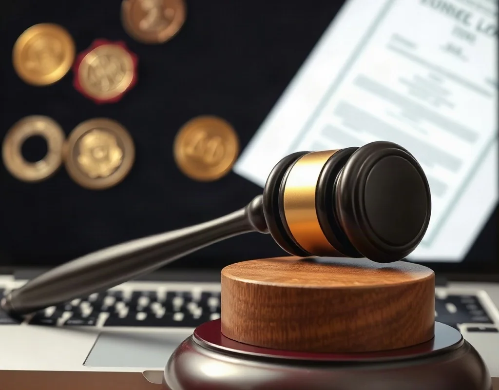 A judge's gavel resting on a wooden block in front of a laptop screen showing legal documents and seals