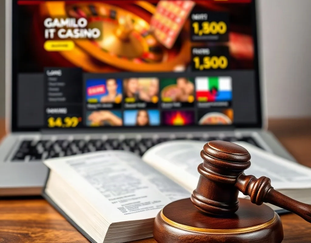 Gavel and law book next to a laptop with a casino site in the background