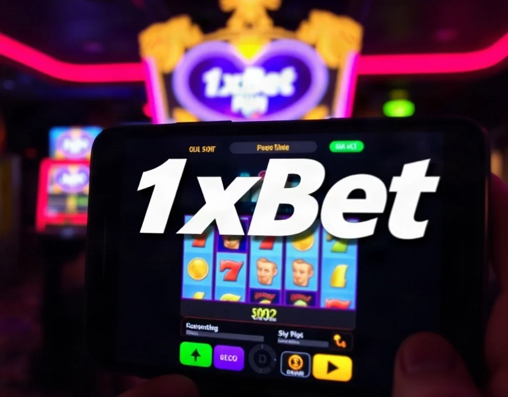 Hand holding a smartphone displaying a slot game with bright graphics