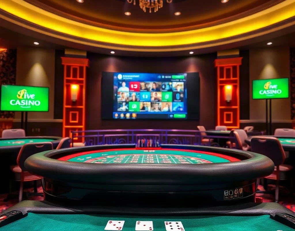 Live casino table with a real dealer and cards in a professional setting