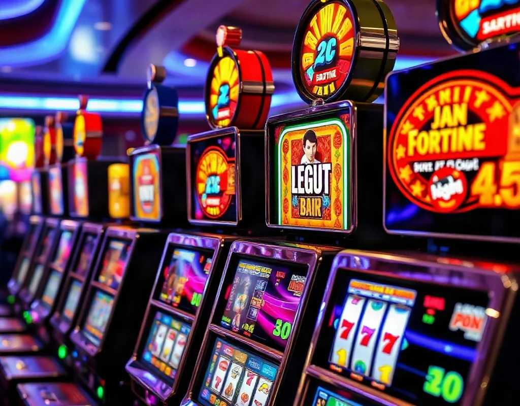 Rows of colorful slot machines with bright lights and spinning reels