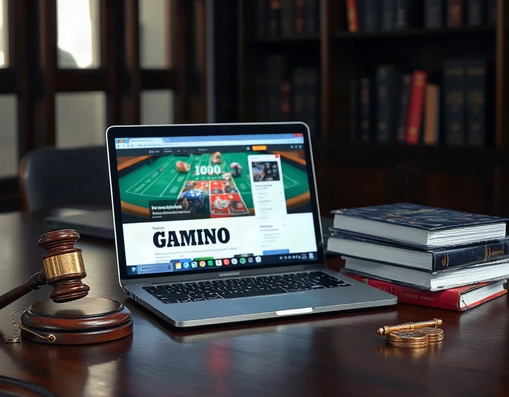 A dark wooden desk with a laptop showing a gambling website, a gavel and legal books stacked beside it, in a dimly lit study room