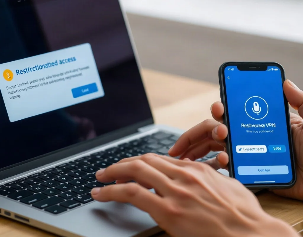 A close-up of a person's hands typing on a laptop while a notification about restricted access appears on the screen, with a phone showing a VPN app beside it