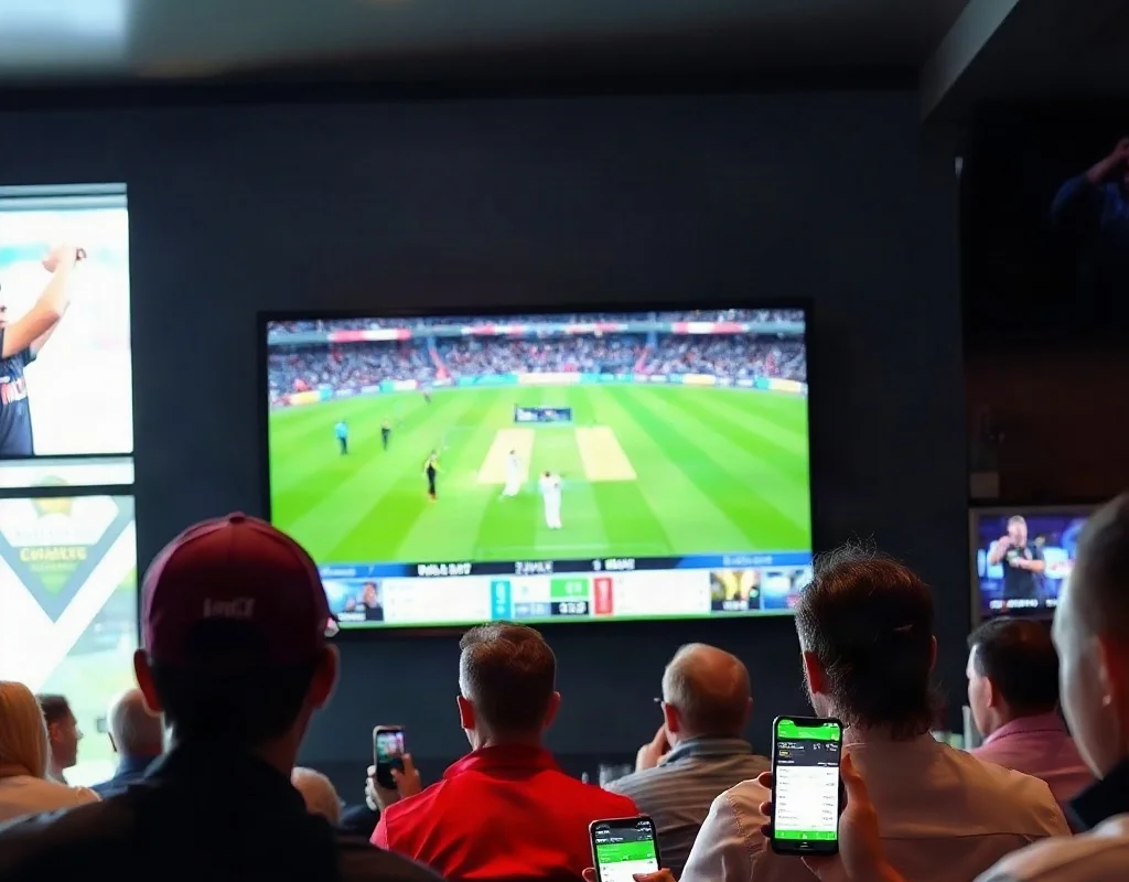 A live cricket match on a large television screen in a sports bar, with people watching and some looking at mobile phones, showing odds and betting apps