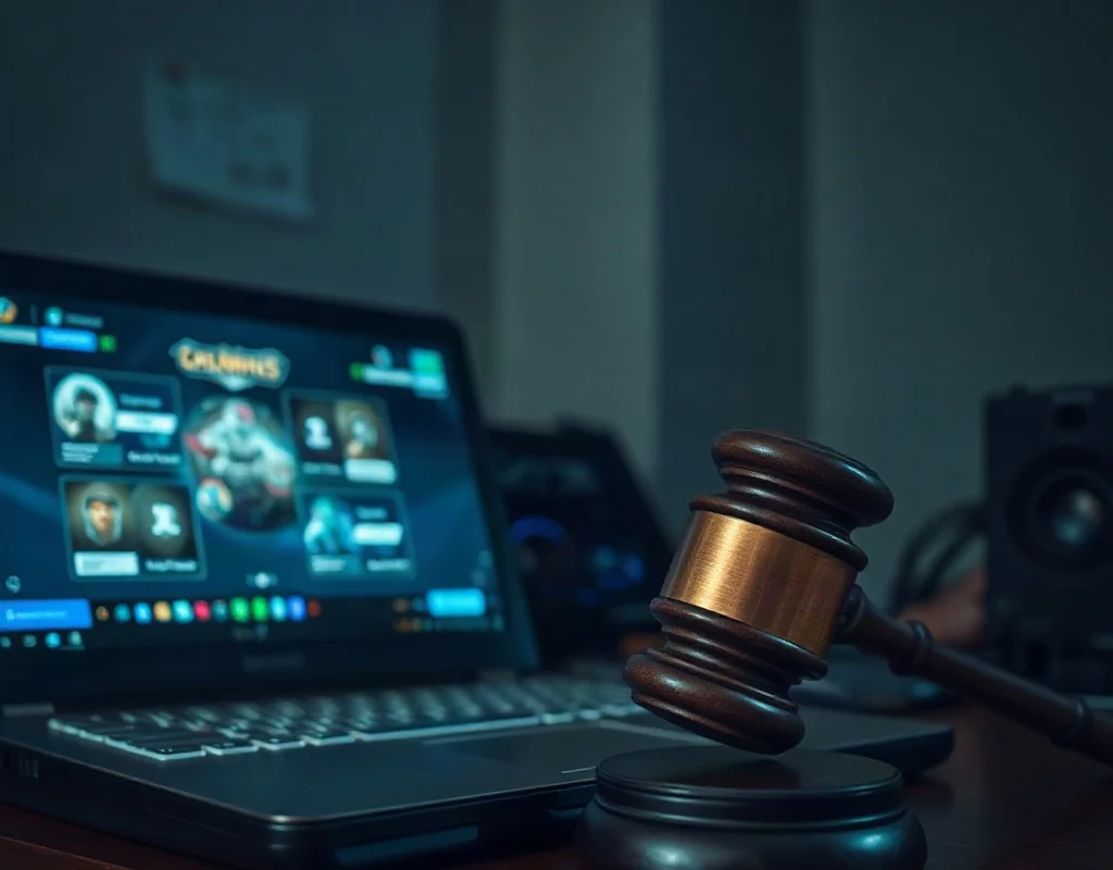 Gavel and laptop with game interface representing online gaming law