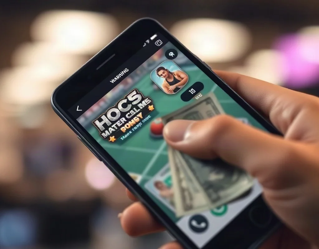 Smartphone with game interface and money, representing real-money gaming
