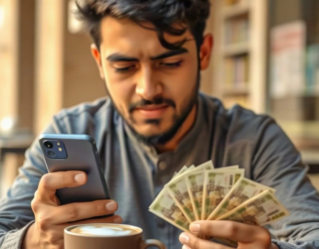 Pakistani player playing online casino on mobile phone with Pakistani currency