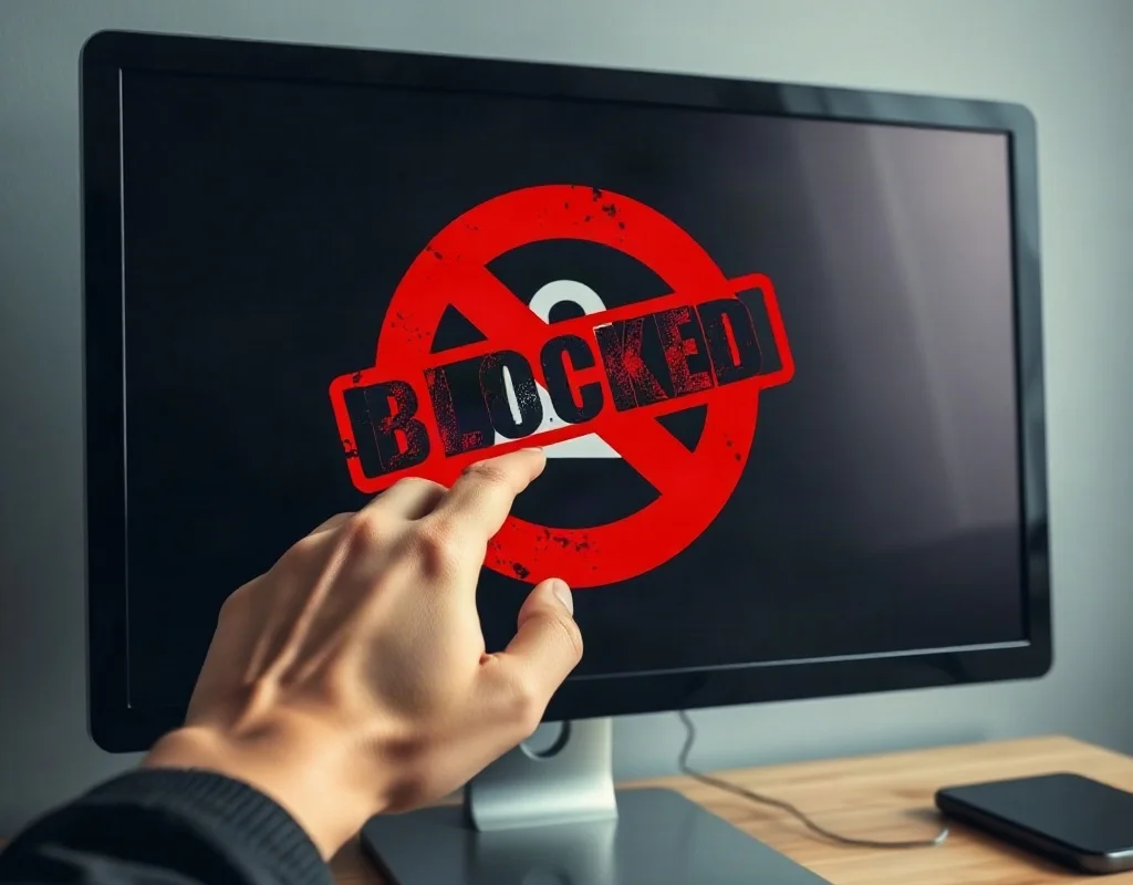 Computer monitor with blocked website and VPN icon representing website blocking