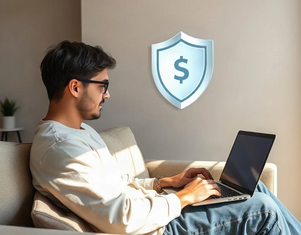 Person checking a gaming website on laptop with a shield icon for safety