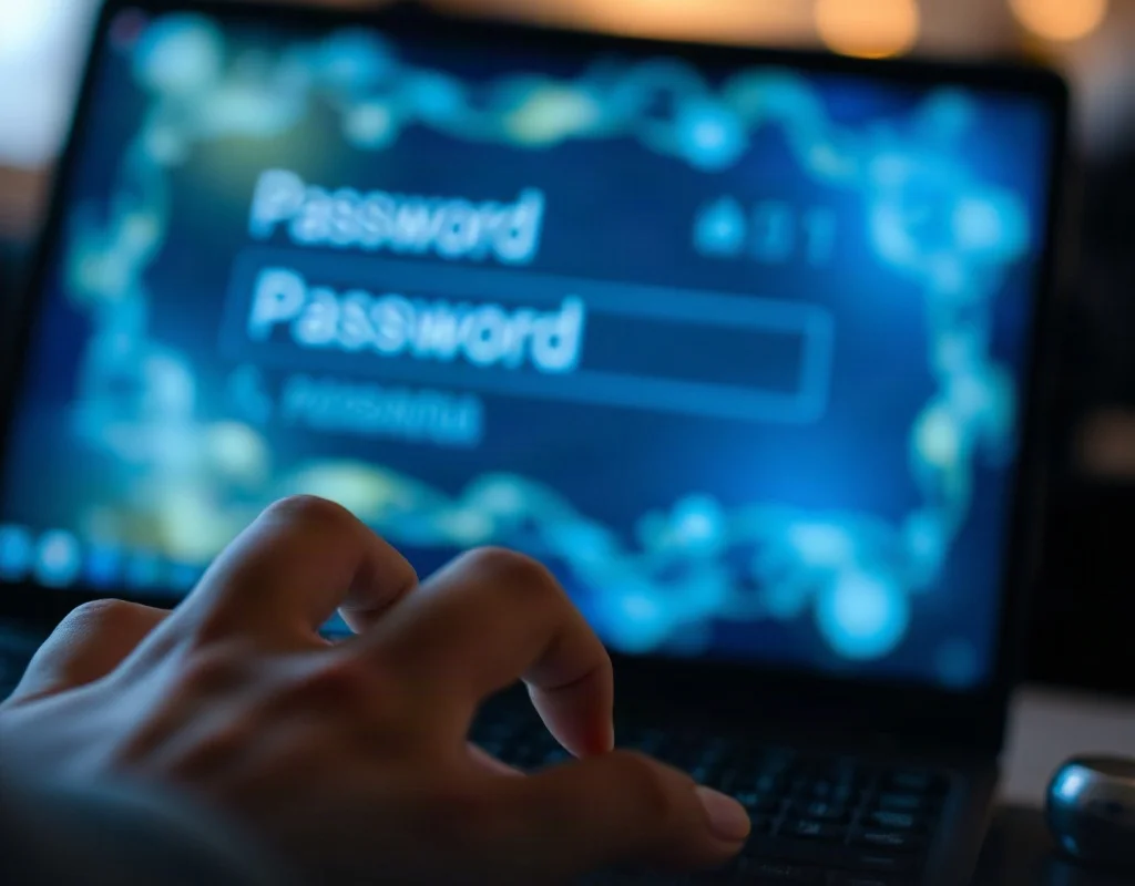 Close-up of hands creating a strong password on a keyboard