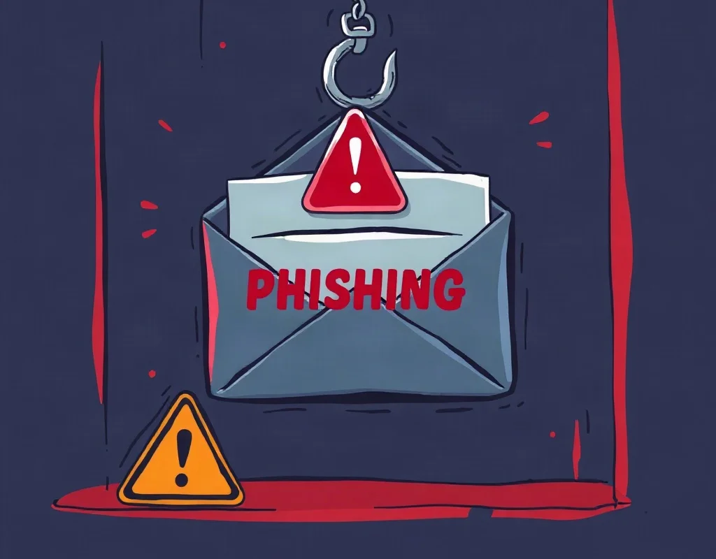 Illustration of a phishing attack symbol with a hook and warning sign