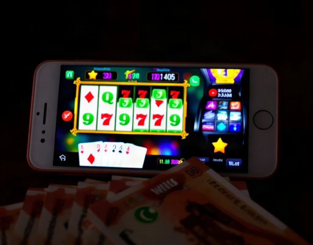 Mobile phone showing a card game on a gaming app with Pakistani rupee notes in front