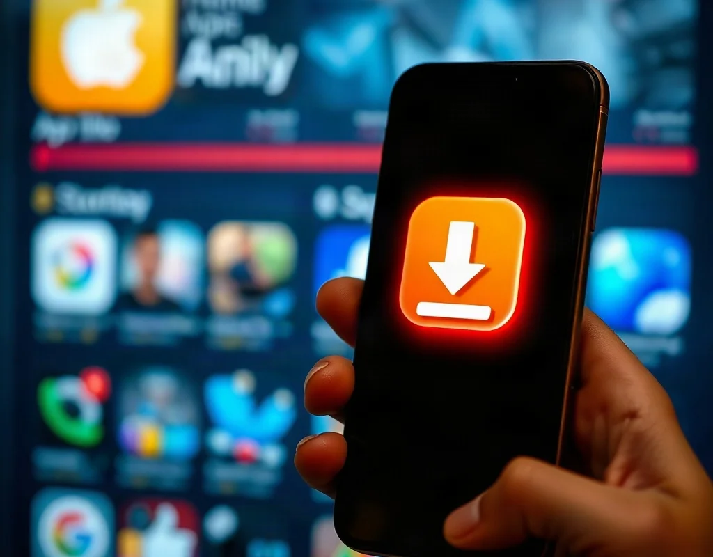 Person holding a smartphone with a download icon on screen