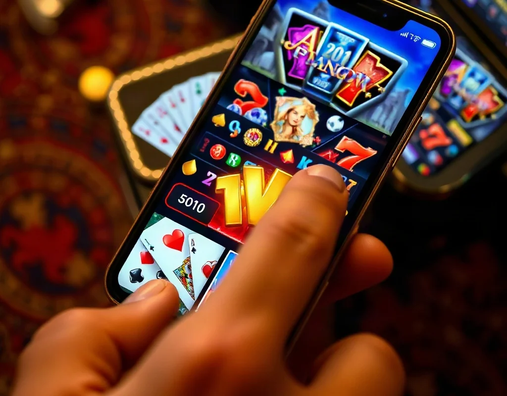 Hand tapping a smartphone screen with casino game icons