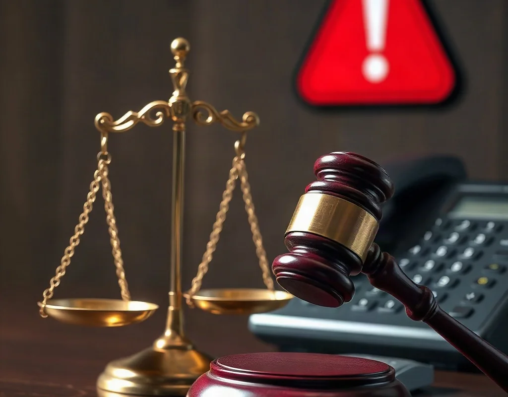 Gavel and scales of justice symbolizing legal issues with a phone in the background