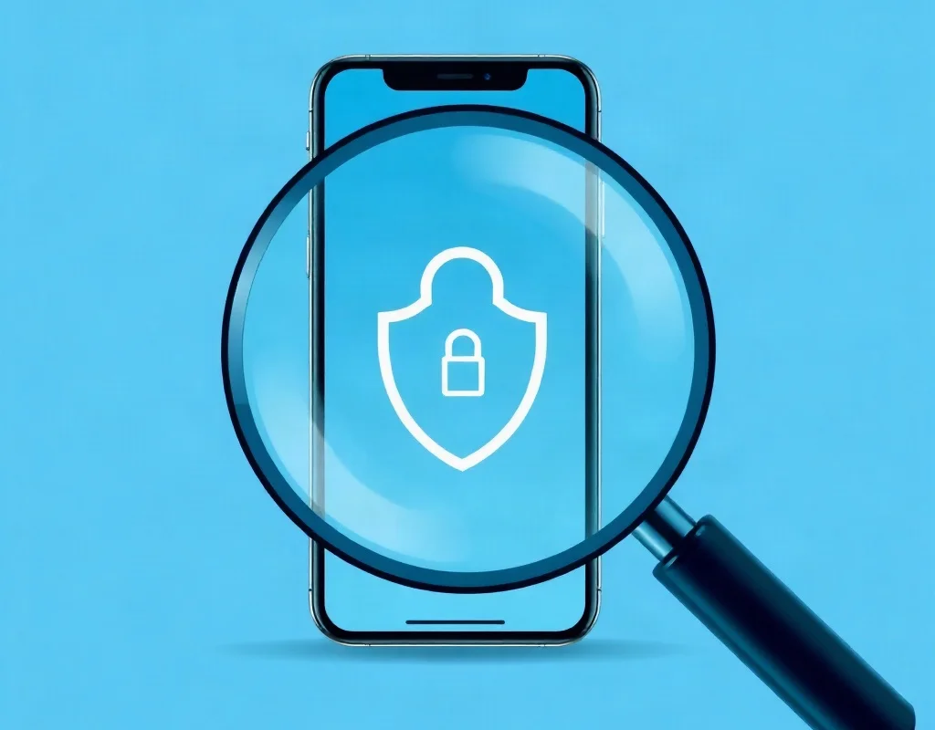 Magnifying glass and a shield icon on a smartphone representing security