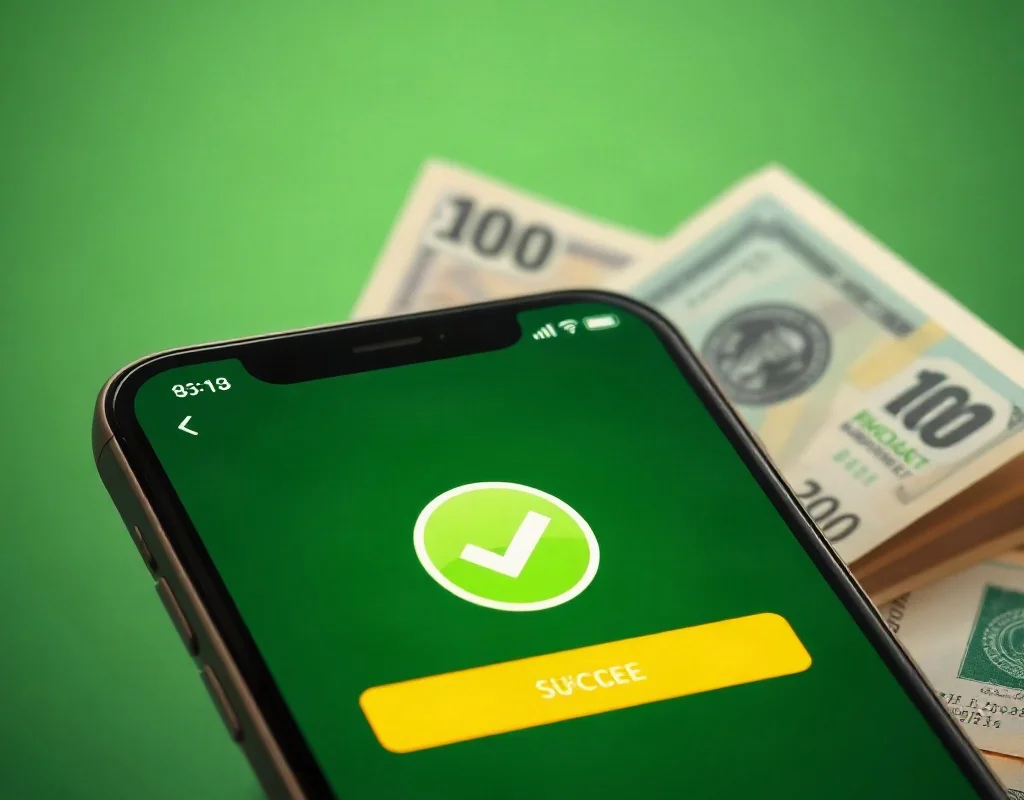 Smartphone screen with a transaction confirmation and cash bills