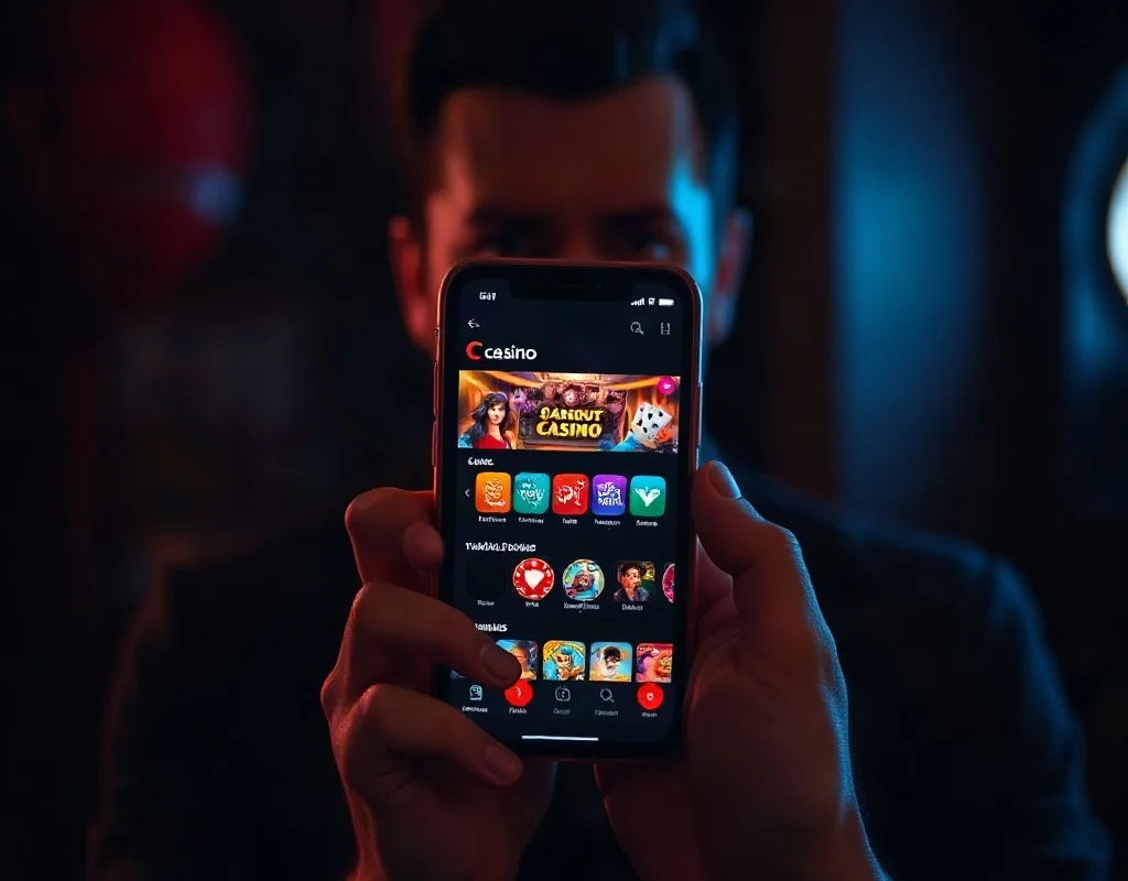 A person holding a smartphone showing a casino app interface in a dimly lit room, with the screen glow reflecting on their face
