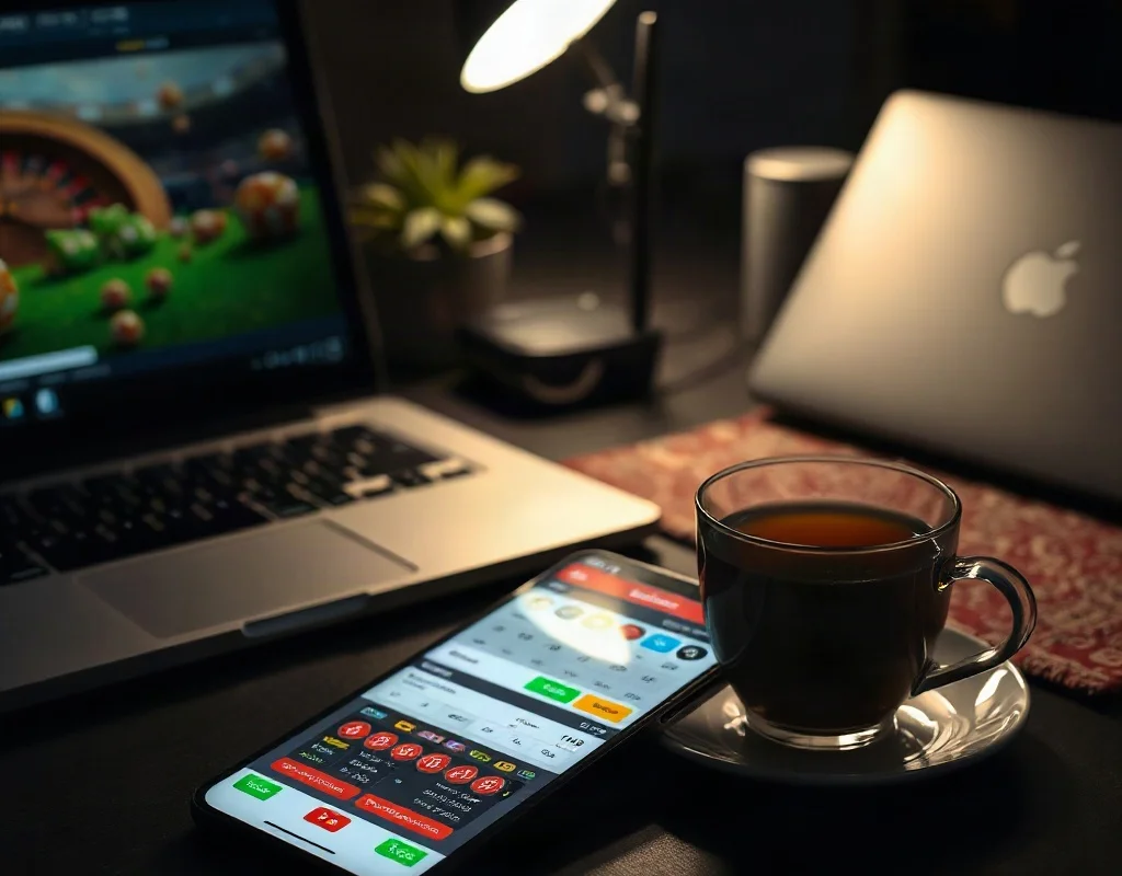 A smartphone displaying a casino betting app interface lying on a desk next to a laptop and a cup of tea in a dimly lit Pakistani home office