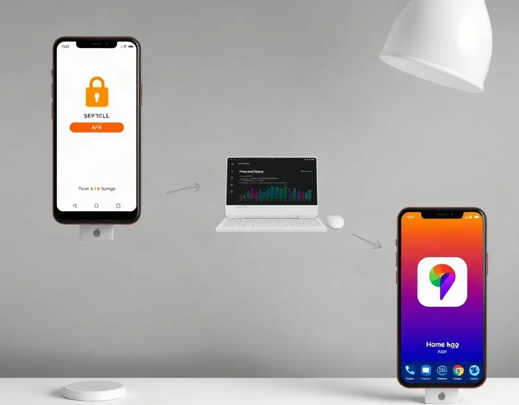 A step-by-step visual flow on a white desk showing a phone downloading an APK file, followed by a security settings screen, and finally the app logo appearing on the home screen
