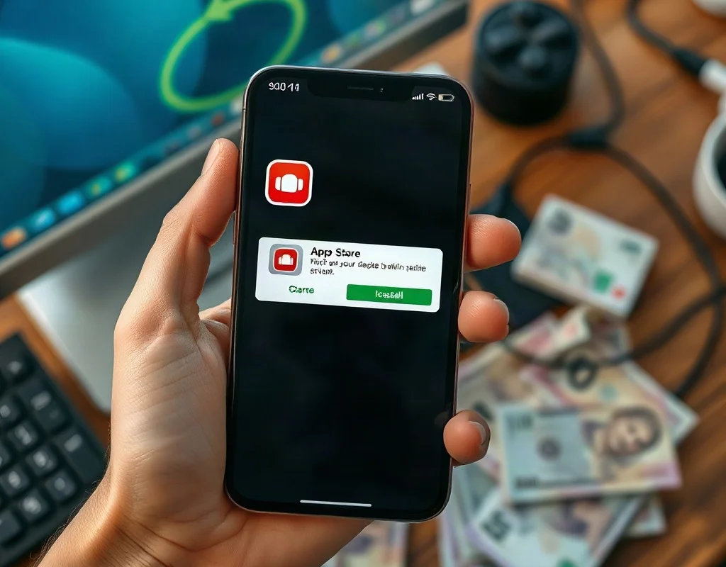 A close-up overhead shot of a hand holding a smartphone, with the app store and an installation prompt visible on the screen, over a blurred background of banknotes and a desktop computer