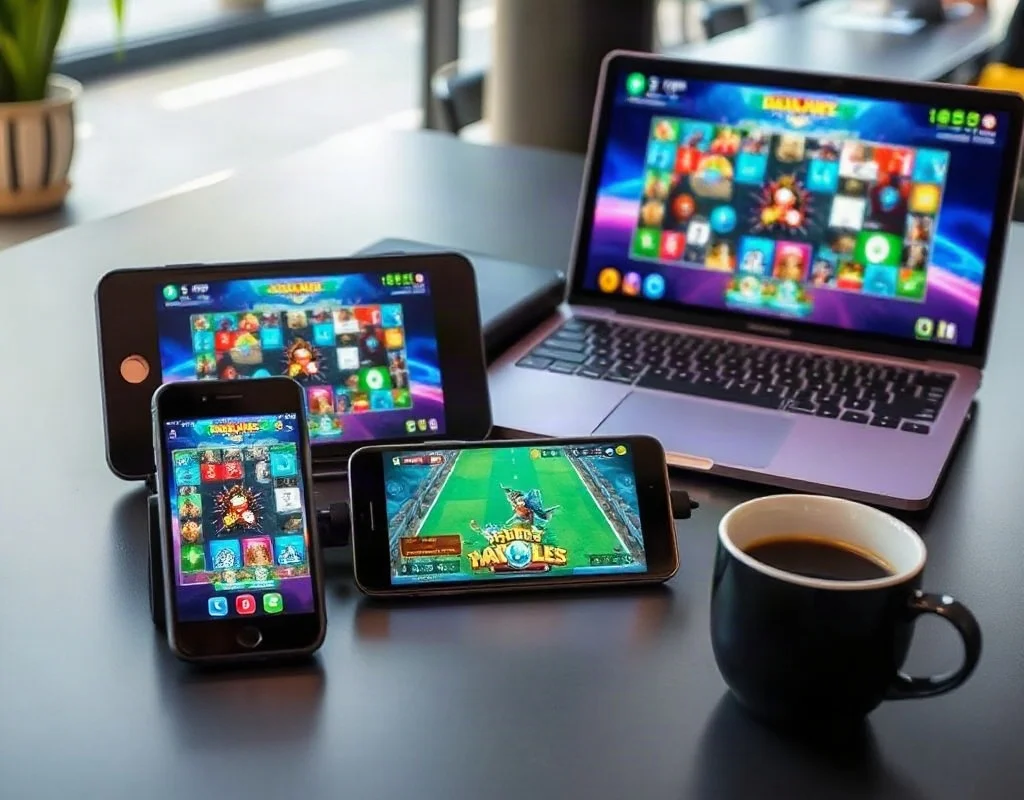 A modern workspace scene showing a smartphone, tablet and laptop all displaying a colorful mobile gaming app interface, with a cup of coffee on the side