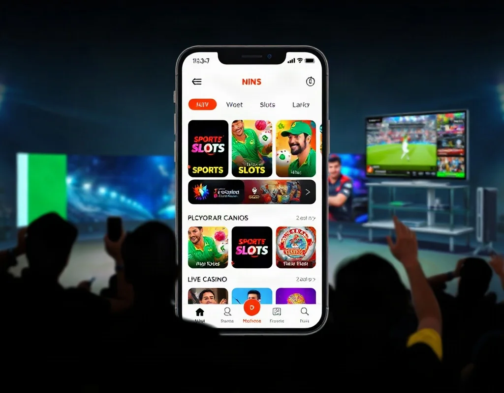 A collage style composition showing a mobile app interface with sections for sports, slots and live casino, surrounded by silhouettes of Pakistani cricket fans watching a match on TV