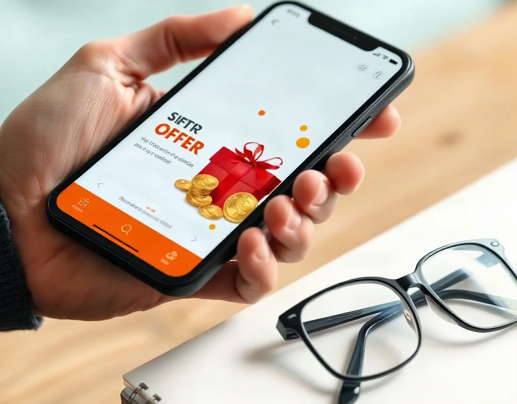 A close-up of a hand holding a phone showing a promotional offer screen with gift boxes and coins, balanced on the edge of a desk with a pair of reading glasses nearby