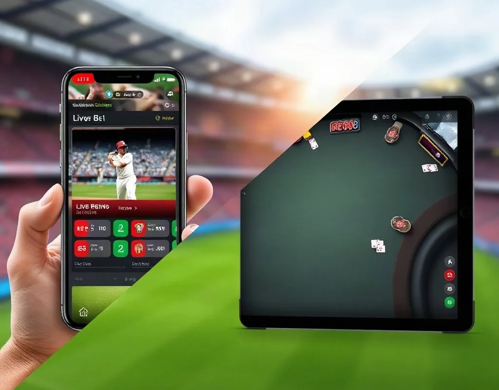 A dynamic split-screen image comparing a live cricket betting interface on a phone on the left, and a virtual blackjack table on a tablet on the right, against a blurred stadium background