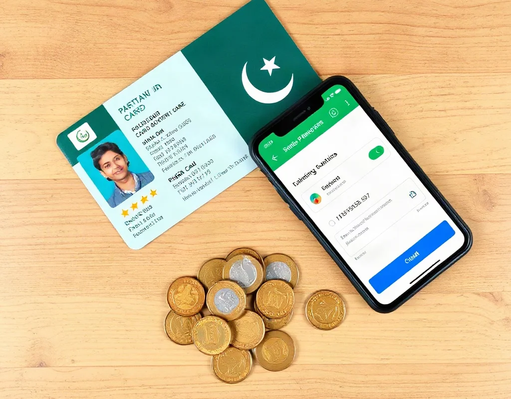 A flat lay photo of a Pakistani ID card, a credit card, a smartphone showing a payment receipt, and scattered coins on a wooden table surface