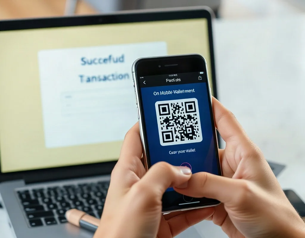 A hand using a smartphone to scan a QR code for payment on a mobile wallet app, with a laptop showing a successful transaction screen in the background