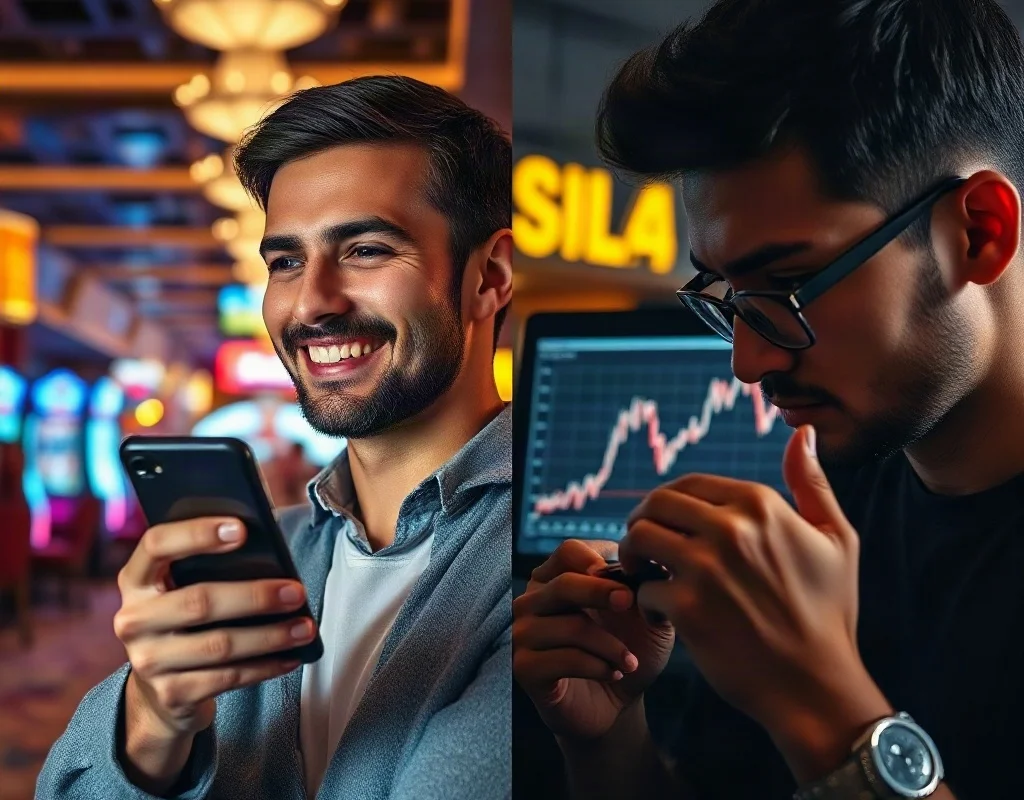 A conceptual split image showing a smiling person holding a phone in front of a bright glowing casino floor on one side, and a pensive person looking at a dark screen showing a declining graph on the other