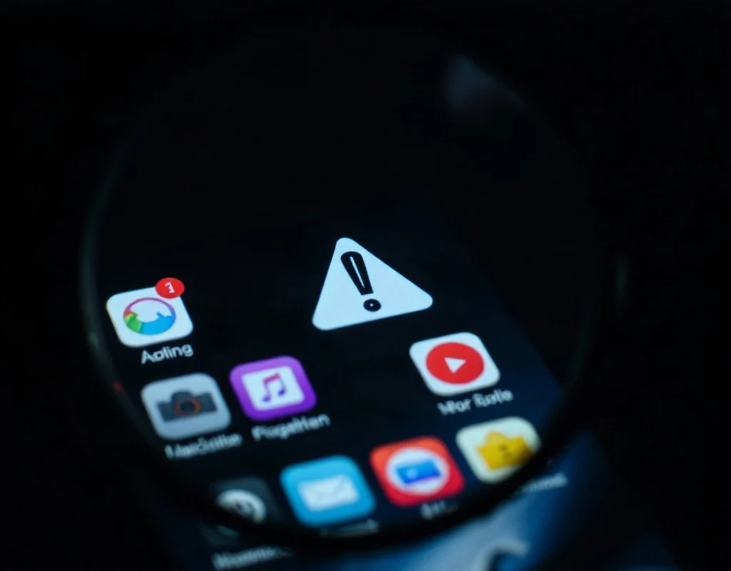 Magnifying glass inspecting mobile game app signs of scam